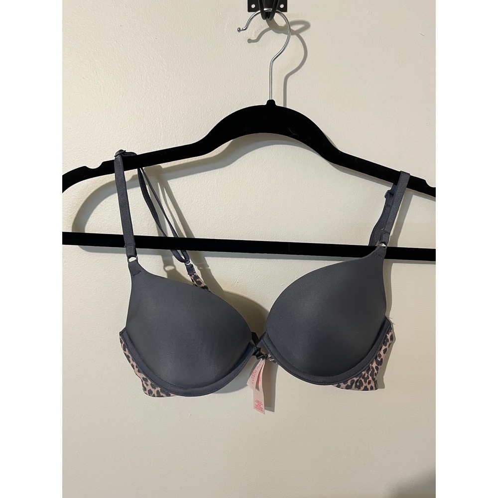 Victoria's Secret Push-Up Bra 34B Grey Leopard Print Front Close Underwire